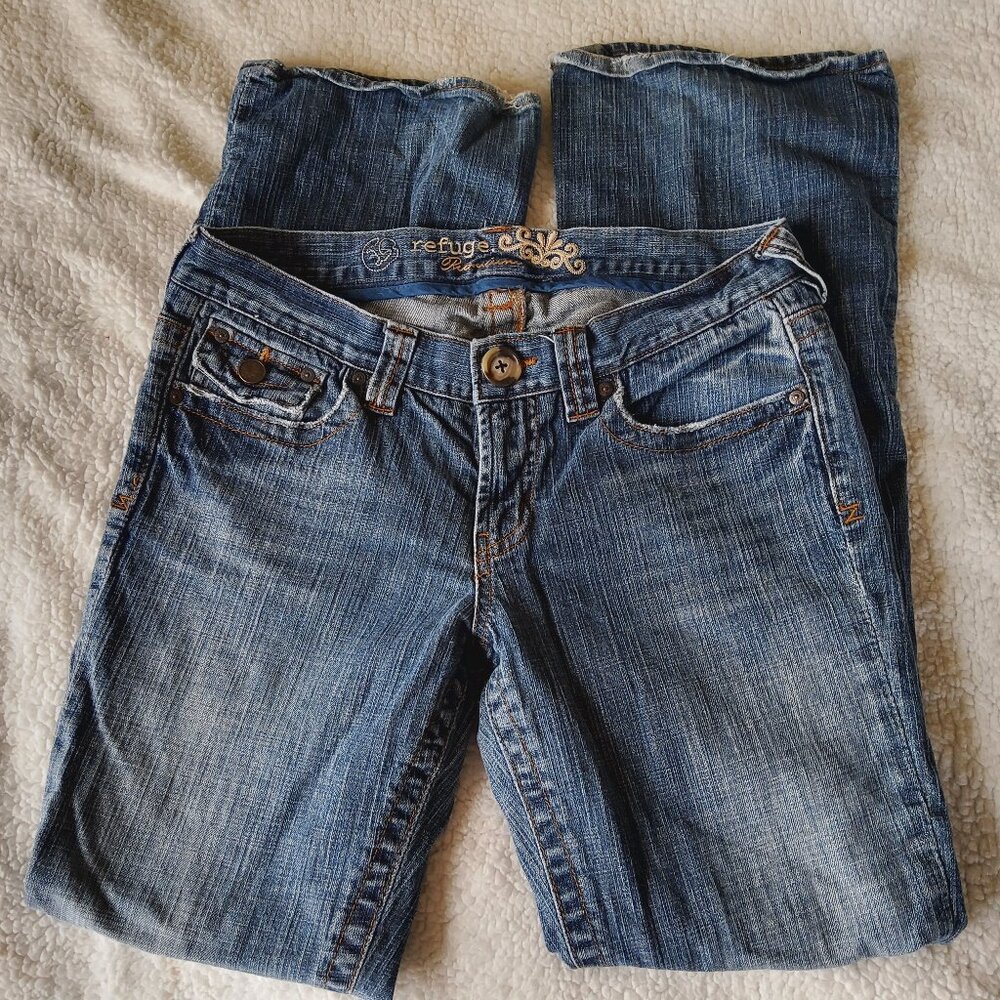 Refuge Low Rise Bootcut Flare Jeans Medium Wash Faded Distressed Blue